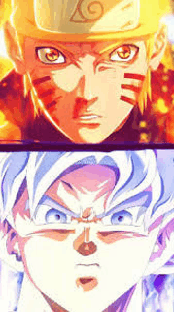 a close up of a naruto and dragon ball z character 's faces .