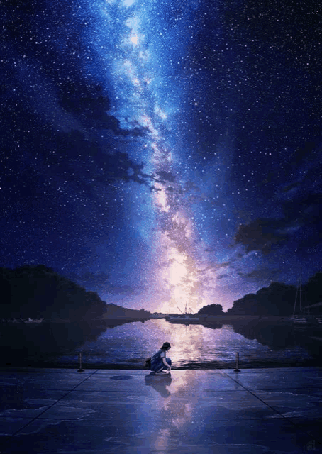 a painting of a person kneeling on a dock under a starry sky