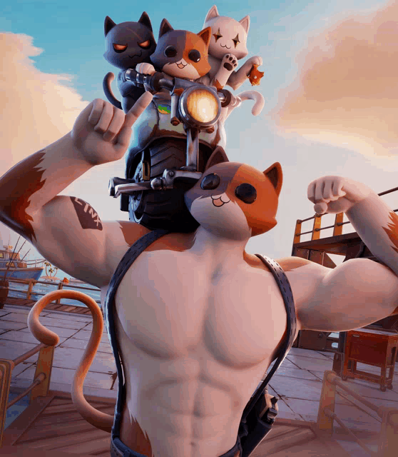 a man with cats on his shoulders is flexing his muscles in a video game