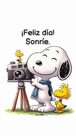 a cartoon of snoopy taking a picture with the words feliz dia sonrie below him