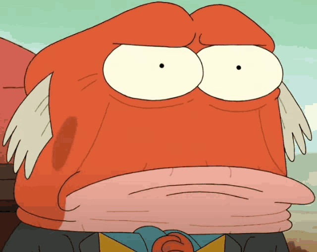 a close up of a cartoon character with a big red head