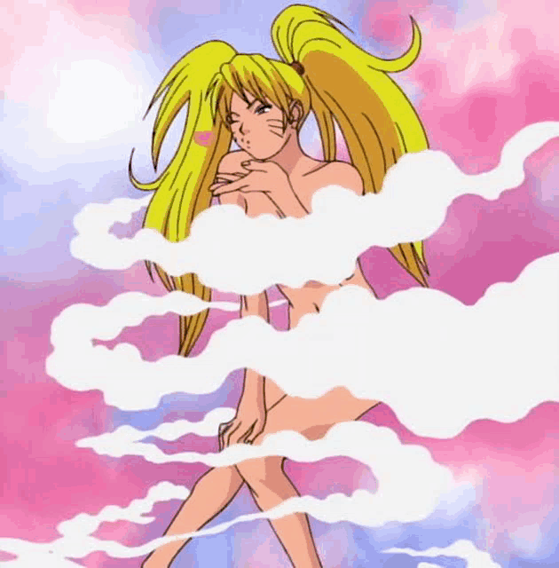 a naked anime girl is surrounded by clouds and smoke .