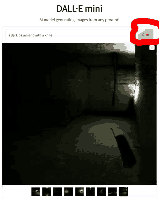 a dark basement with a knife is displayed on a website called dall-e mini