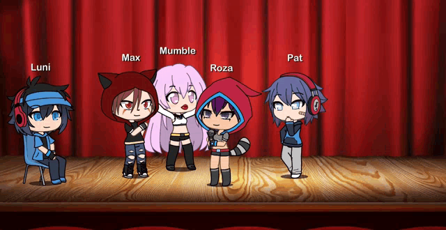 a group of anime characters are standing in front of a red curtain with the names max mumble roza and pat