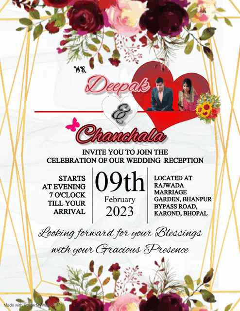 a wedding invitation for deepak and chanchala is shown