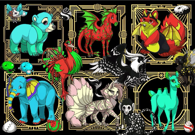 a bunch of cartoon animals including an elephant a dragon and a fox