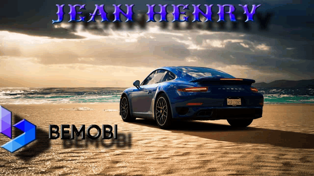 a blue sports car on a beach with the name jean henry written above it