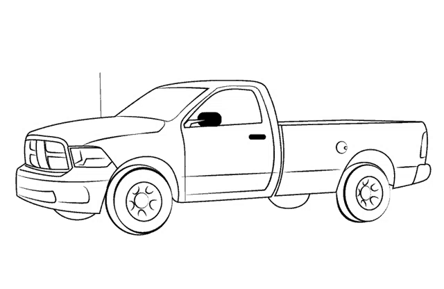 a black and white drawing of a pickup truck on a white background