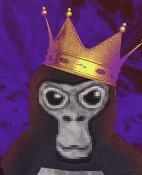 a gorilla wearing a gold crown with a purple background