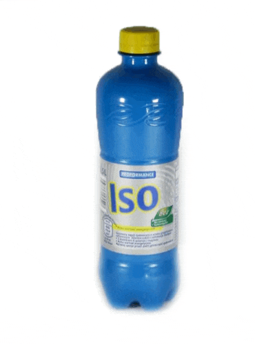 a blue bottle of iso with a yellow cap on a white background