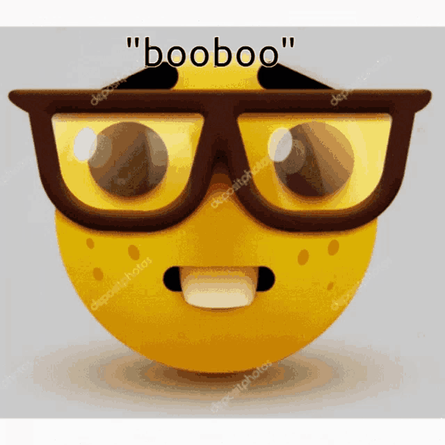 a cartoon smiley face wearing glasses with the word " booboo " written below it