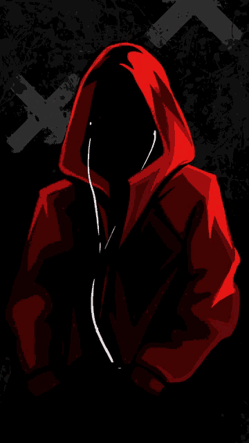 a person wearing a red hoodie and earbuds