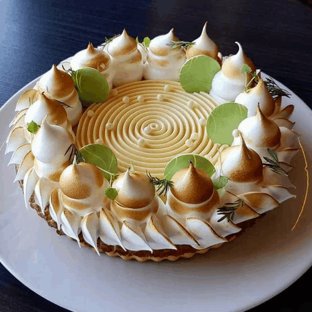 a white plate topped with a cake with a swirl on it