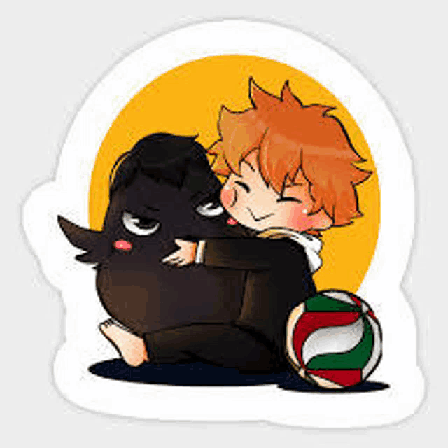 a boy is hugging a black bird and a volleyball .