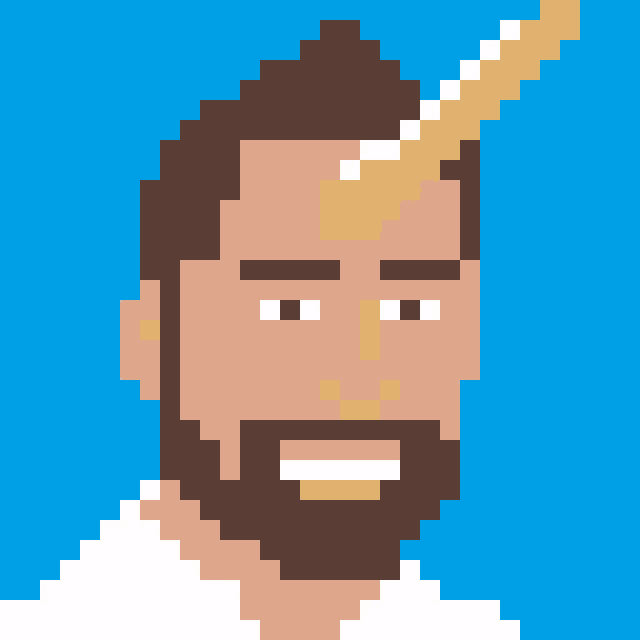 a pixel art illustration of a man with a beard and a unicorn horn on his head