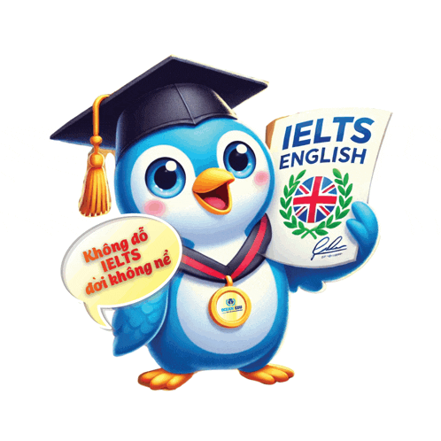 a penguin in a graduation cap is holding an ielts book