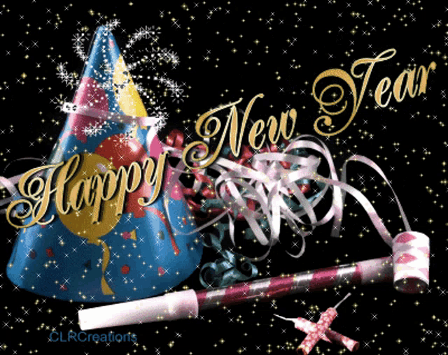 a happy new year greeting card with a party hat and a party horn