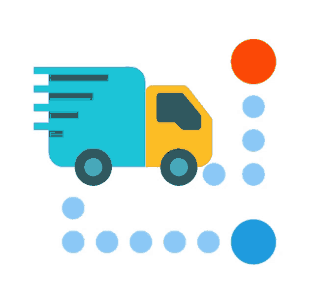 a delivery truck is surrounded by blue and red dots