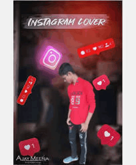 a young man in a red shirt is standing in front of a red background surrounded by instagram icons .