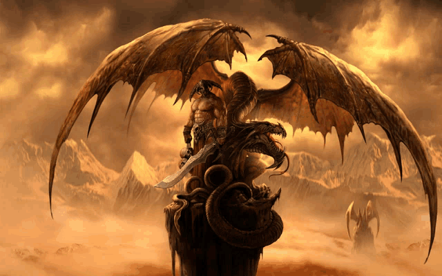 a man with a sword is standing next to a dragon with wings