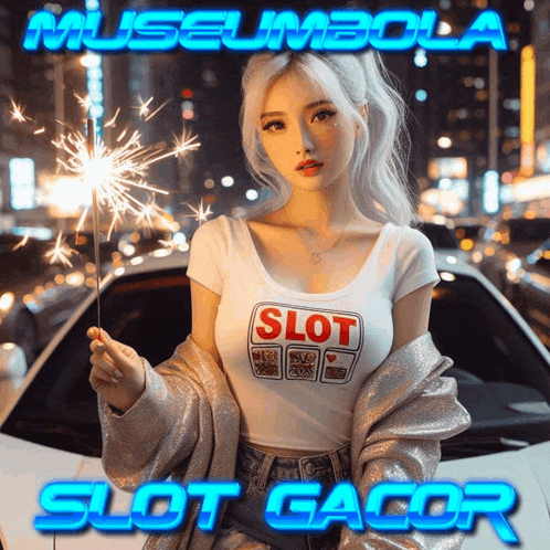 a woman holding a sparkler in front of a car that says slot gacor on it