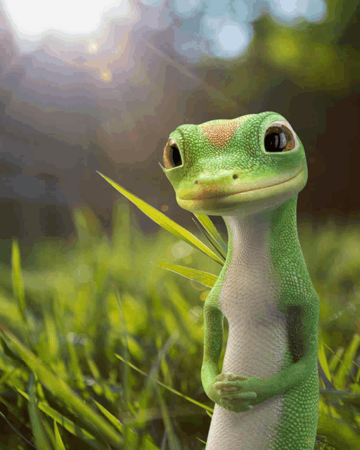 a green and white lizard standing in the grass looking at the camera