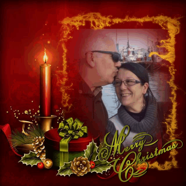 a christmas card with a man kissing a woman on the cheek and the words merry christmas