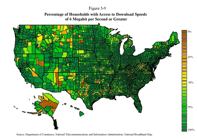 a map of the united states shows the percentage of households with access to download speeds of 6 megabit per second or greater