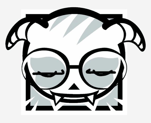 a black and white drawing of a monster wearing glasses and horns