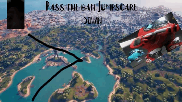 a screenshot of a video game with the words pass the ban jumpscare down