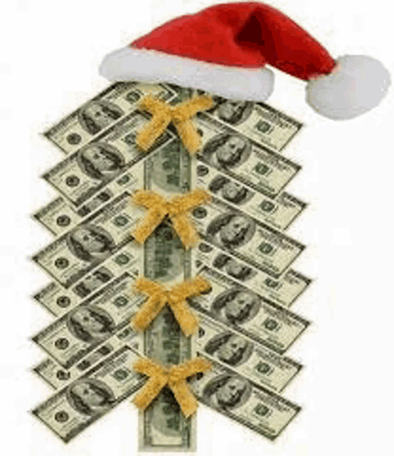 a christmas tree made of money with a santa hat on .