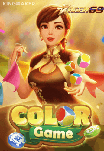 a poster for a color game with a woman juggling balls