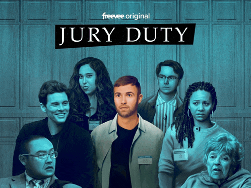 a poster for jury duty shows a group of people in a courtroom