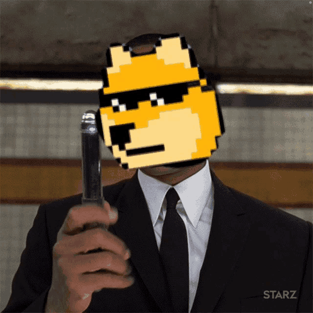 a man in a suit and tie is holding a gun with a pixelated dog head on his face