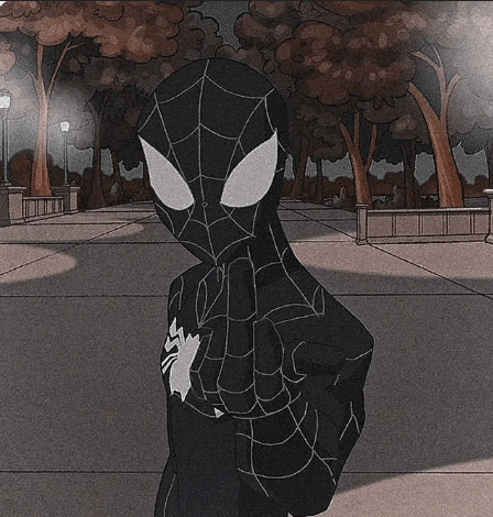 a cartoon of a spider man standing on a sidewalk with trees in the background .