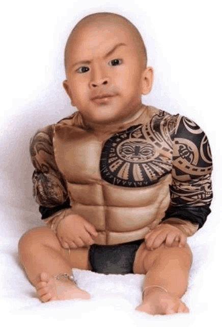 a baby is sitting on a bed wearing a muscle suit with tattoos on his arms .