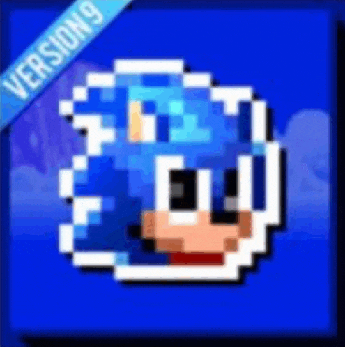 a pixel art of sonic the hedgehog on a blue background with the words version 9 on the bottom