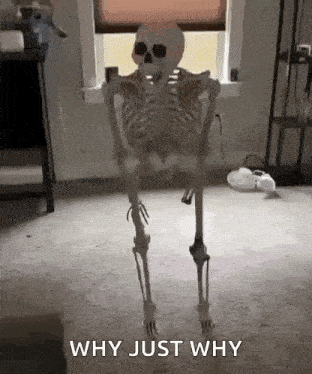 a skeleton is standing in a room with the words `` why just why '' written on it .