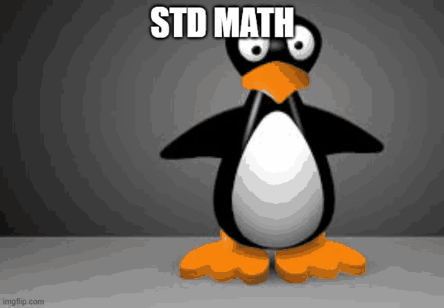 a cartoon penguin is standing on a table with the words std math written on it .