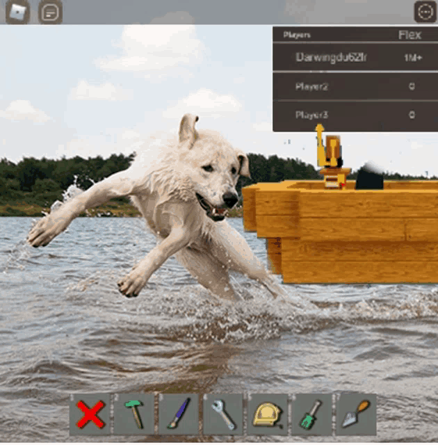 a white dog is jumping into a body of water with a flex icon in the lower right corner