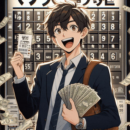 a man in a suit and tie is holding a bunch of money