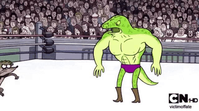 a cartoon of a lizard in a wrestling ring with cn hd victimoffate written on the bottom