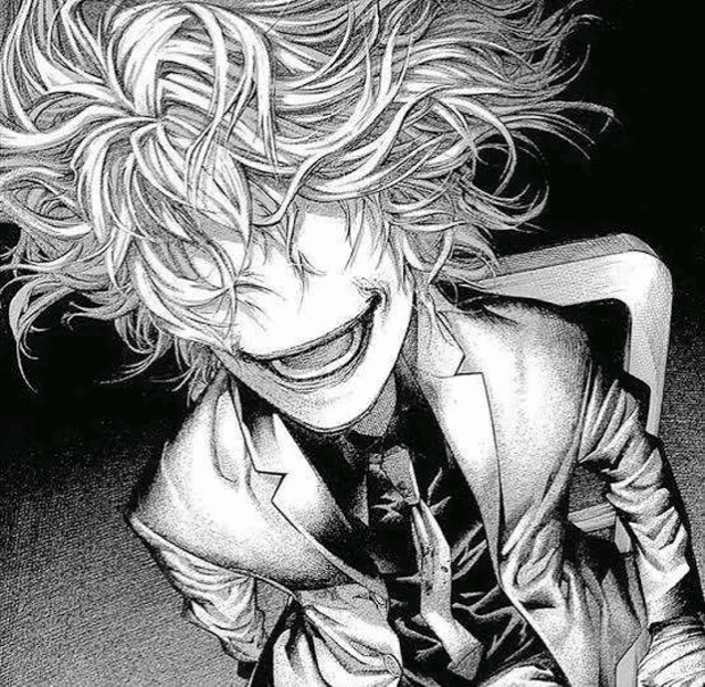 a black and white drawing of a joker in a suit and tie .