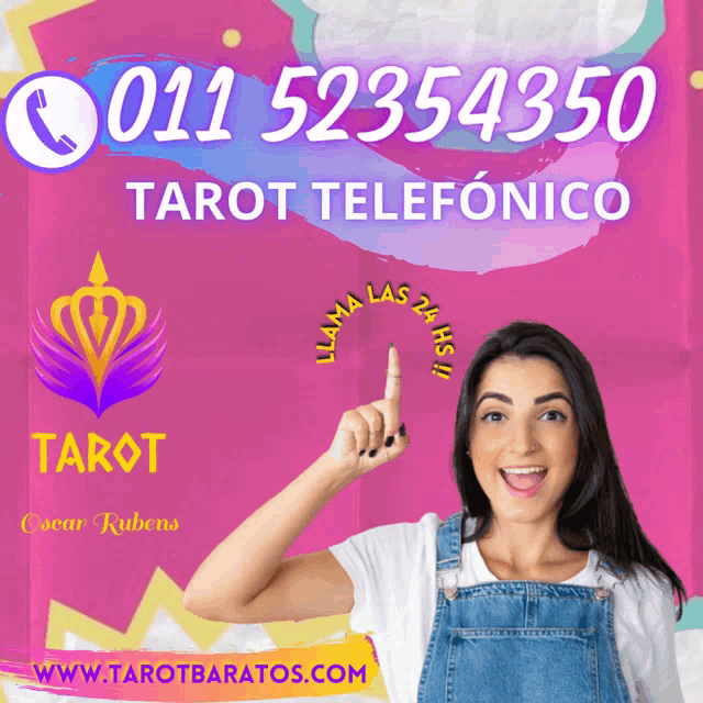 a woman holds up her finger in front of a pink background that says tarot