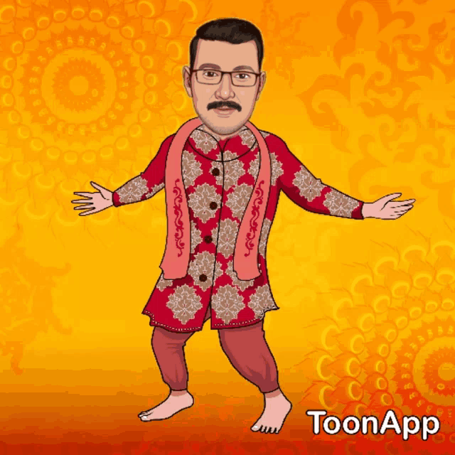 a cartoon of a man with glasses and a mustache is on a toon app background