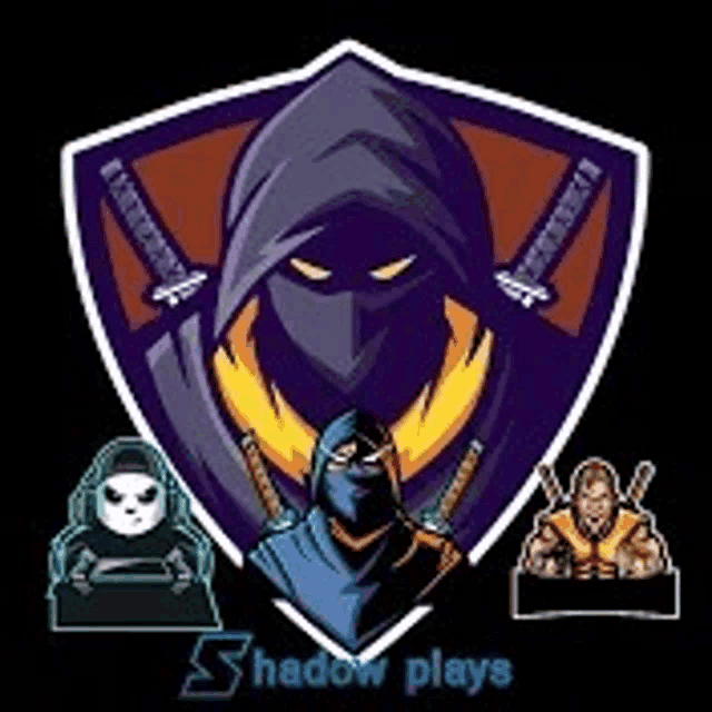 a shadow plays logo with a hooded ninja and two swords .