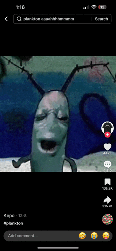 a screenshot of a spongebob plankton video on tiktok