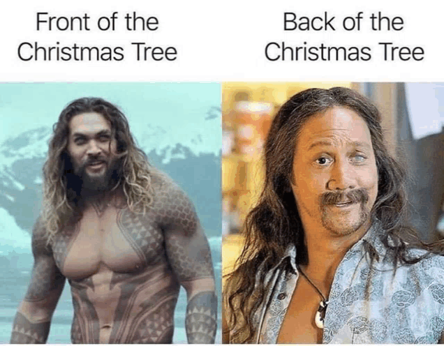 front of the christmas tree and back of the christmas tree with a picture of a man with long hair