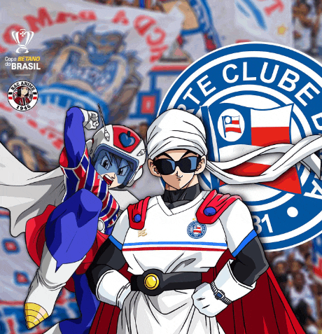 a couple of cartoon characters standing in front of a logo for te clube