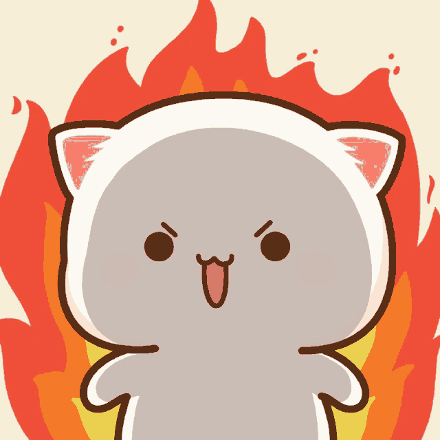 a cartoon cat is standing in front of a red fire